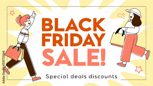 Illustration of black friday sale with two cartoon shoppers holding bags and stars on a yellow background