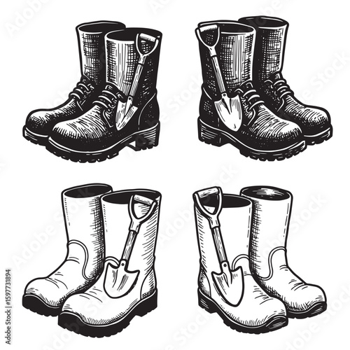 Detailed hand drawn illustrations of gardening boots with spades in vector format