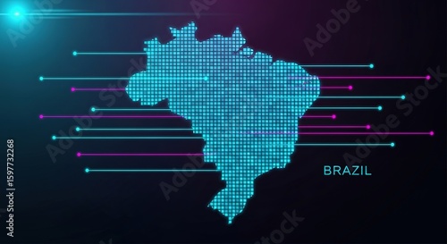 Dotted Brazil map glows in cyan; connecting lines show data transmission through it