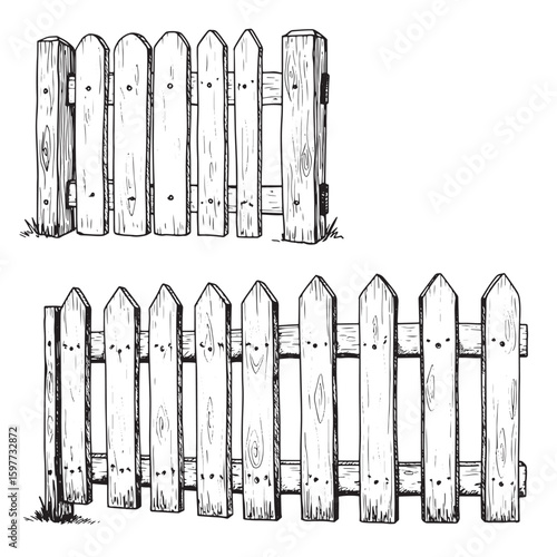 Hand drawn black and white illustration of a wooden picket fence showing details and rustic charm
