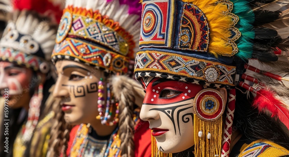 Fototapeta premium Elaborate costumed performers showcase cultural richness through masks and vibrant headdresses