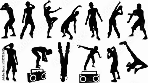 Silhouettes of people breakdancing and posing with boomboxes in various dynamic positions and styles