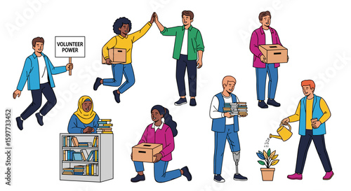 Diverse group of volunteers demonstrates community support through various activities like packing boxes, watering plants, and organizing donations, all contributing to a positive impact.