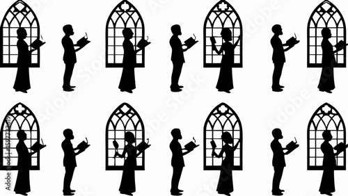 Silhouette of choir members singing with books in front of arched windows in a repeating pattern design