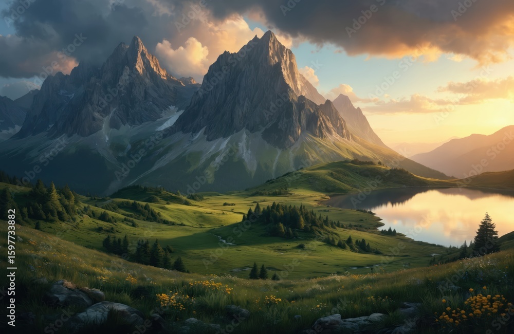 Fototapeta premium Majestic mountain range at sunset, serene lake reflecting golden sky. Rich green valleys, rolling hills, scattered pine trees create breathtaking scenery for travel and adventure.