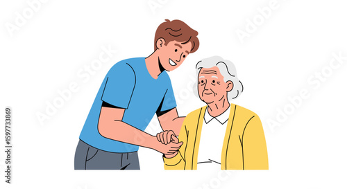 A young male caregiver provides support and comfort to an elderly woman, offering a helping hand and companionship in a caring and supportive environment.