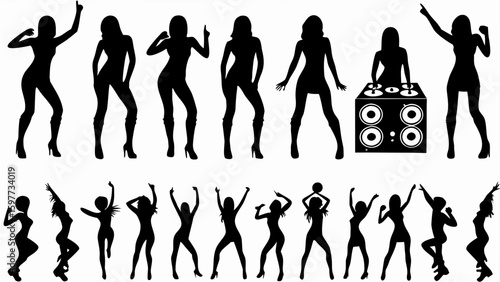Silhouettes of women dancing and a dj console with speakers in black and white vector illustration