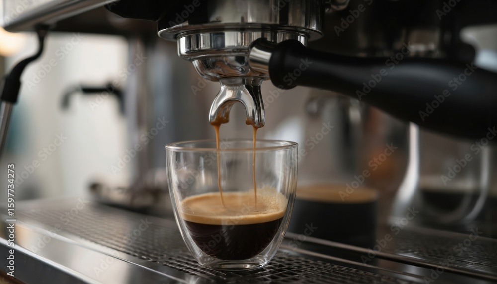 Espresso pours from coffee machine into clear glass cup. Rich dark coffee with crema. Morning breakfast beverage preparation. Hot caffeine drink for energy and wakefulness. Espresso pours from coffee machine into clear glass cup. Rich dark coffee with crema. Morning breakfast beverage preparation. Hot caffeine drink for energy and wakefulness.