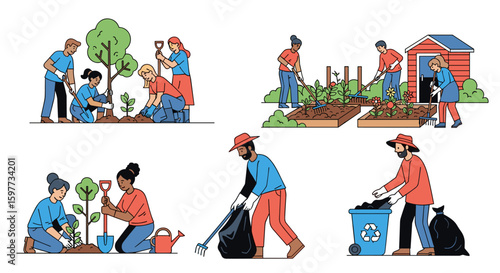 Happy diverse group of volunteers planting trees, gardening, and cleaning up a community garden, promoting environmental awareness and sustainability.