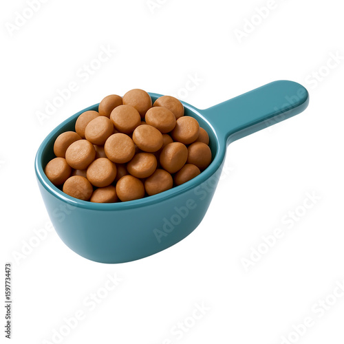 Glossy kibble scoop filled with round pet food, perfect for feeding pets
