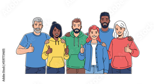 A diverse group of smiling people from various backgrounds stands together, giving a thumbs-up gesture, symbolizing approval and unity.