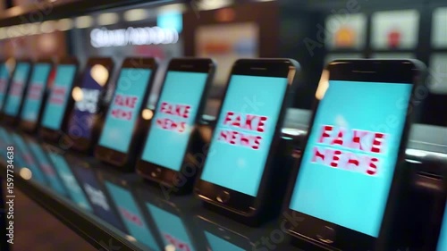 A row of smartphones displays the text 