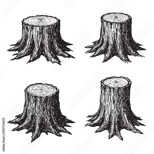 Hand drawn illustration of four tree stumps on a white background suitable for design elements