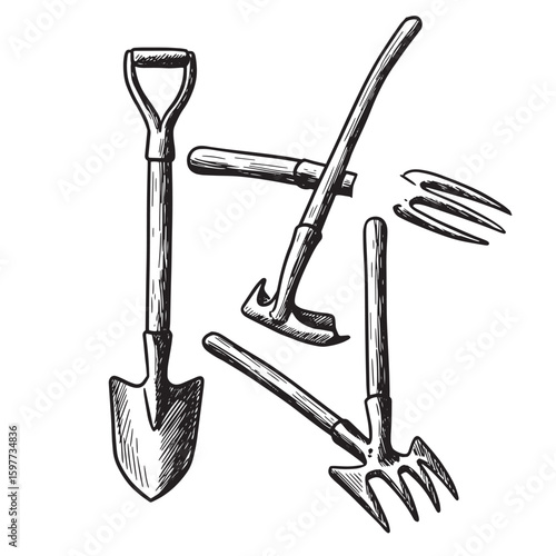 Hand drawn illustration of garden tools a spade hoe rake and pitchfork for gardening