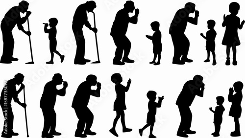 Silhouettes of adults and children in various poses and actions against a white background showing interaction