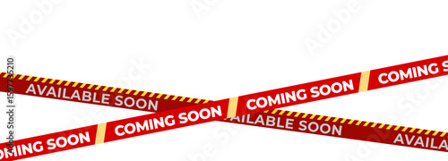 Coming Soon Red Banner Tape Stripe for shop opening, sale launch, retail notice, store ad, campaign teaser, product arrival, marketing layout. Product promotional clearance. Vector Illustration.