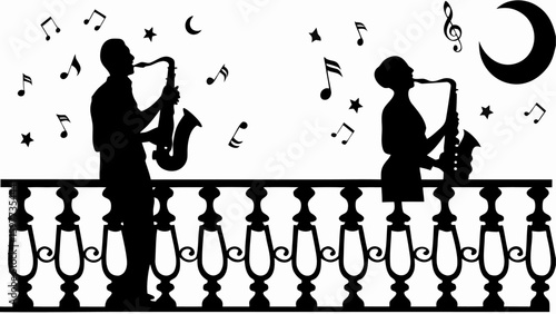 Silhouette of musicians playing saxophones on a balcony with musical notes stars and moon in the background