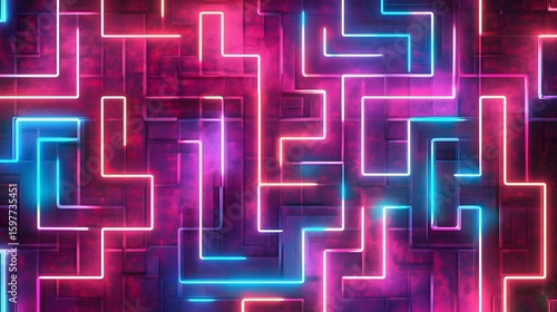 Photograph of neon puzzle background showcases interconnected blue lines on a dark purple brick surface.