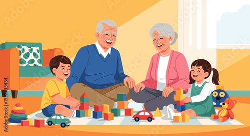 Happy grandparents and their young grandchildren are joyfully playing with colorful building blocks and toys on a rug in a cozy living room.