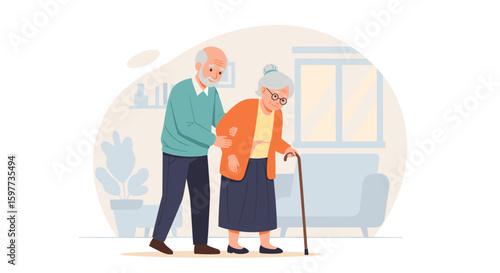 Elderly couple walking together indoors, the man gently supporting his wife with a cane, depicting care, companionship, and aging.