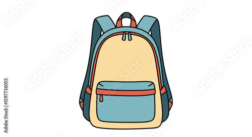 Minimalist Vector SVG Illustration of Backpack with Main Pocket and Straps in Flat Design Style Featuring Blue and Beige Colors