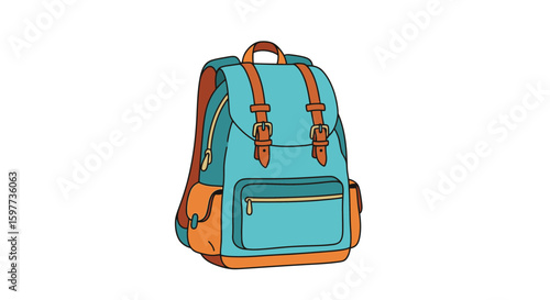 Vector SVG Illustration of a Backpack with Multiple Compartments in Flat Design Style Bright Blue and Orange Colors