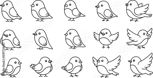 Twelve Black Line Art Birds Various Poses Simple Design