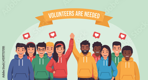 A diverse group of young volunteers stands united with raised hands, ready to help, under a banner urging community participation and support.