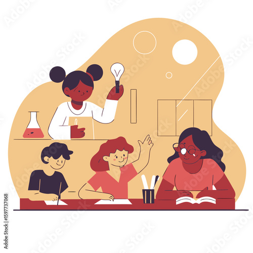 Children Engaged in Science Experiment with Teacher in Classroom, Colorful Background Elements