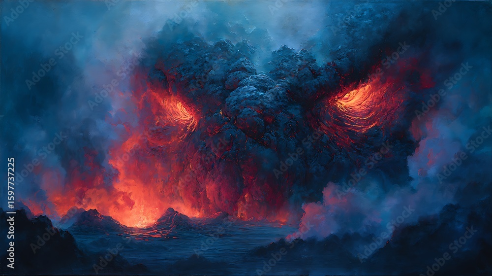 Fototapeta premium Volcanic Eruption with Lava and Smoke Over Water