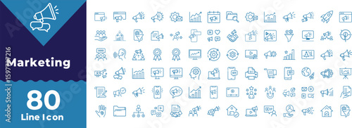 Eighty Blue Line Icons Marketing Set Digital Advertising Strategy