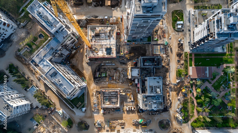 Aerial view of modern construction project in urban setting Aerial view of modern construction project in urban setting