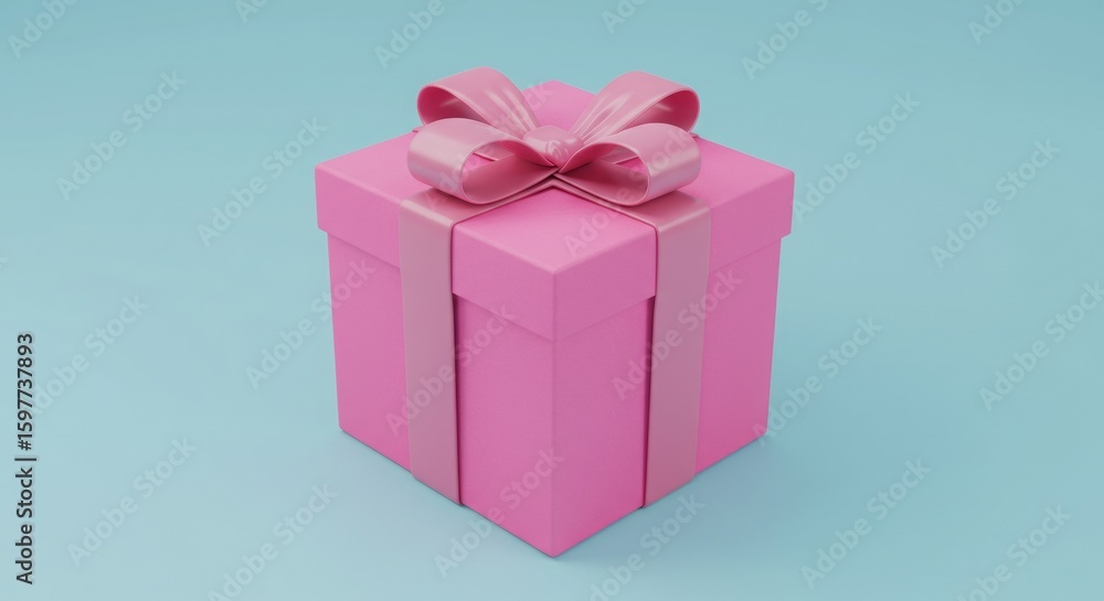 Obraz premium Pink gift box with matching ribbon and bow on a light blue background for celebrations