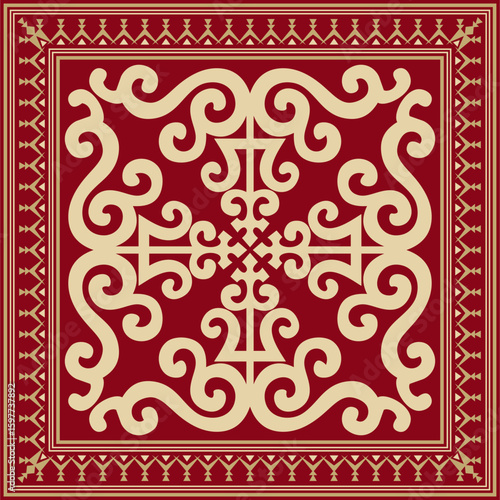 Vector gold and red square Yakut ornament. Infinite rectangle, border, frame of the northern peoples of the Far East.