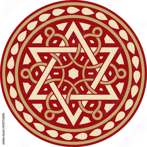 Vector gold with red round Jewish ornament. Star of David. Semitic circle, ring. Jerusalem