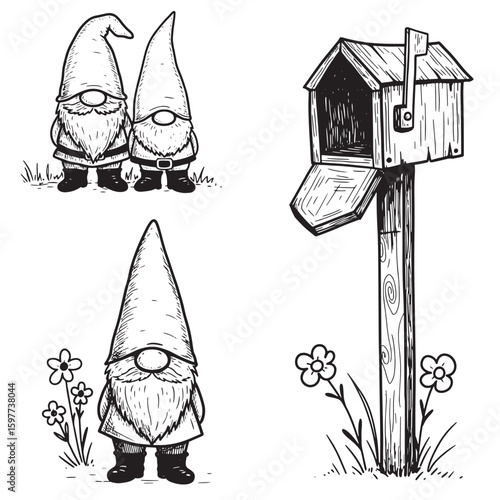 Whimsical hand drawn illustrations of garden gnomes and a rustic mailbox with flowers