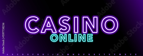 Purple neon alphabet, glowing outline letters, vibrant electric font for casino logo, betting signboard, online game title, gambling banner, wager headline, luminous typography. Vector typeset