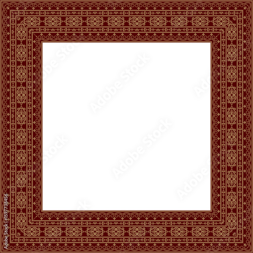 Vector gold and red square Yakut ornament. Infinite rectangle, border, frame of the northern peoples of the Far East.