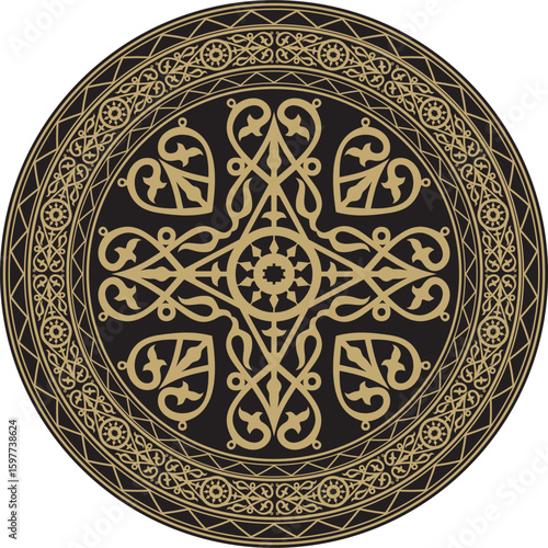 Vector gold on a black background Yakut round ornament. The circle of the ancestors of the northern peoples of the tundra. Talisman, amulet, protection symbol of longevity and infinity.