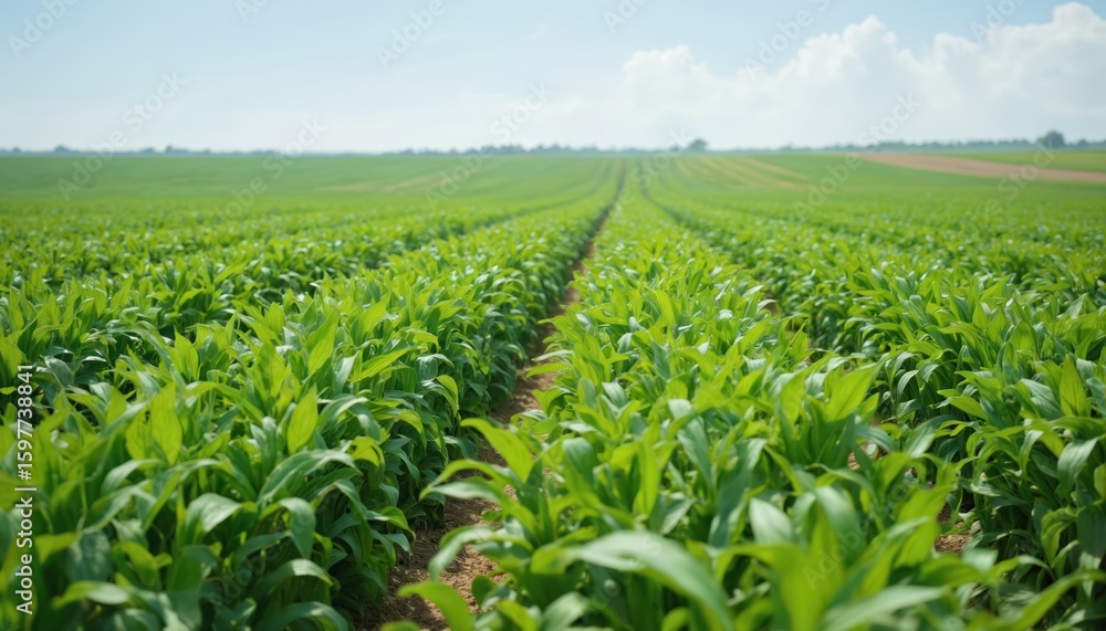 Fototapeta premium Vast green field, crops growing in rows under bright blue sky with scattered clouds. Image conveys agricultural abundance, promise of resilient harvests, suggesting advanced farming techniques for