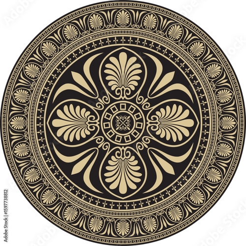 Vector gold-black colored round ornament of ancient Greece. Classic circle pattern of the Roman Empire