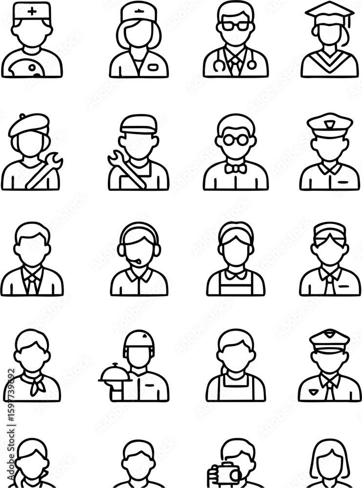 Fototapeta premium Profession people vector icon set showing various occupations like doctor, teacher, chef, engineer, police, and more. Great for resumes, websites, apps, and career infographics.