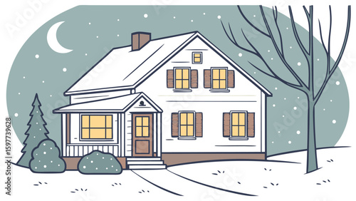 Illustration of a house with snow on the roof and ground during a winter night with a moon and a tree