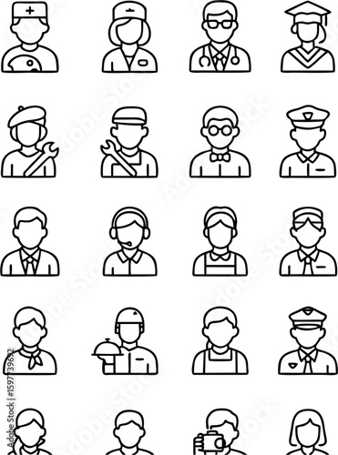 Profession people vector icon set showing various occupations like doctor, teacher, chef, engineer, police, and more. Great for resumes, websites, apps, and career infographics.


