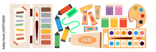 Collection of School and Art Supplies. Flat Illustration