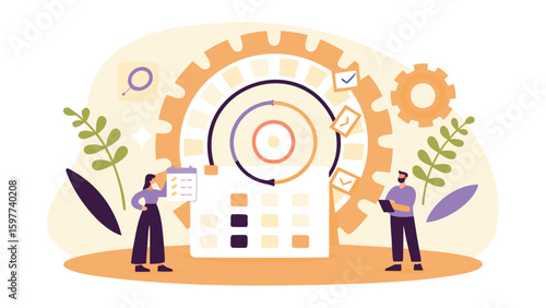 People managing project timeline with gear, calendar, and checklist in a process management illustration