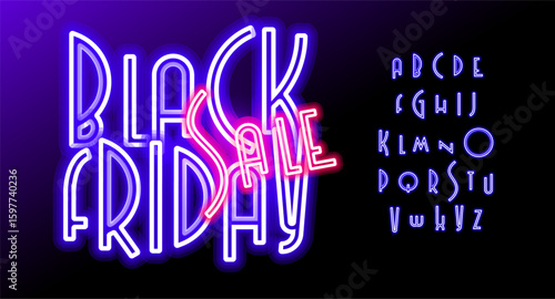 Purple neon alphabet, glowing linear letters, vibrant retro font for Black Friday banner, store ad sign, sale poster, online shopping promo. Luminous typographic design. Vector typeset