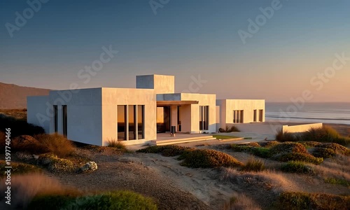 Modern White Coastal House at Sunset