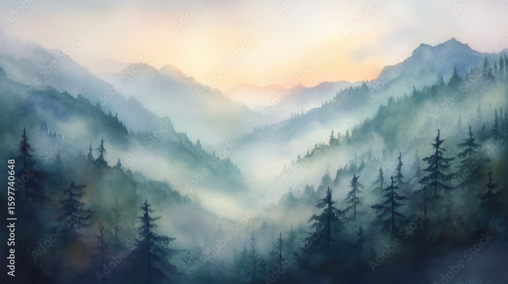 Obraz premium A soft watercolor landscape painting of a peaceful countryside at sunrise, warm orange and yellow tones blending smoothly