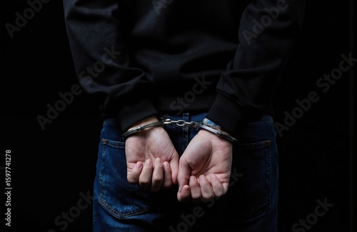 Teenage boy in black hoodie and jeans is arrested with hands cuffed behind his back. Dark studio background emphasizes his confinement. Represents crime, justice, and consequence for youth.